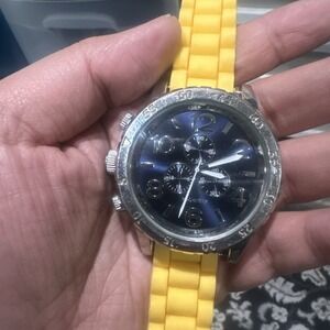 Works ROCAWEAR Mens Wristwatch Blue Dial Yellow Silicone Band Classic 54mm Runs